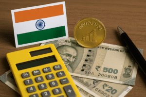 A realistic landscape image showing Indian currency notes, a yellow calculator, a pen, and a gold coin symbolizing dividends placed beside a small Indian flag — representing dividend income and taxation in the Indian stock market.